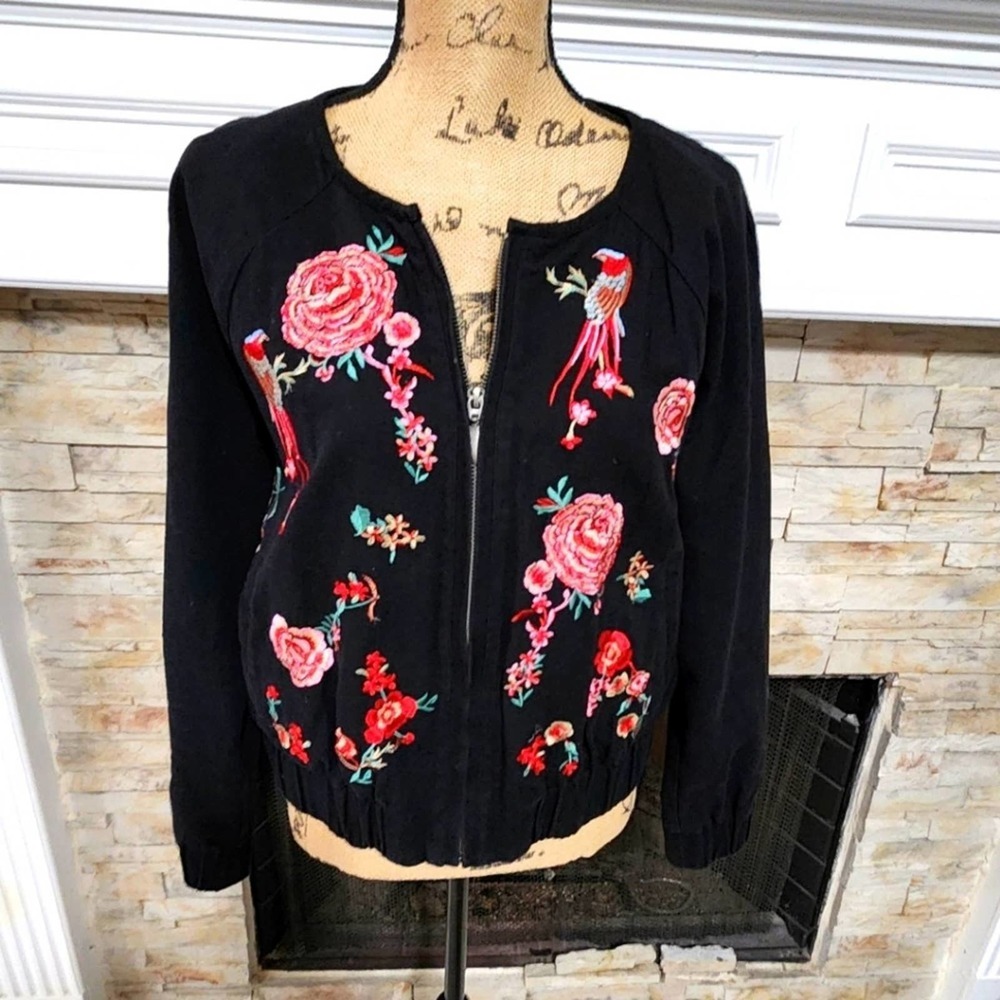 New York & company vintage embroidered floral pheasant bird bomber jacket size L